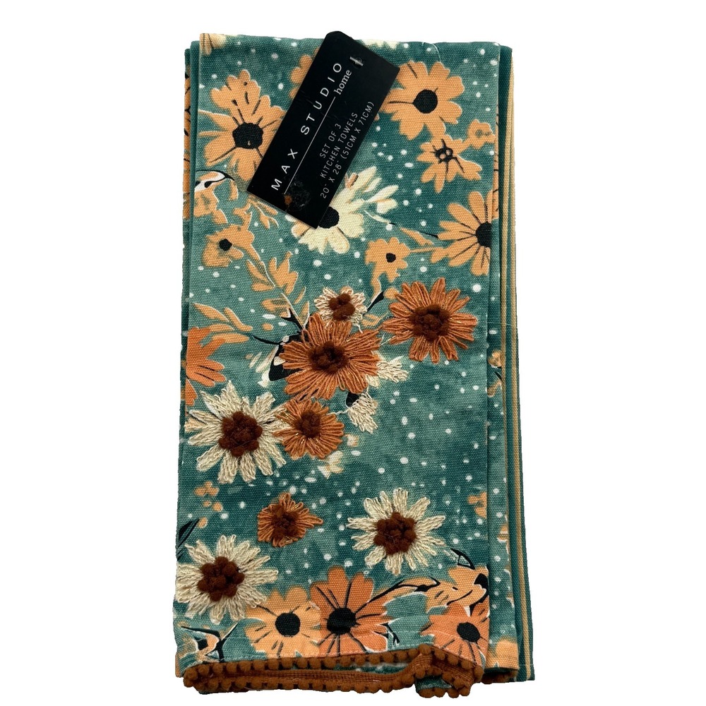 Max Studio Home Kitchen Towels Set of 3 Teal Orange Floral Daisy Embroidered